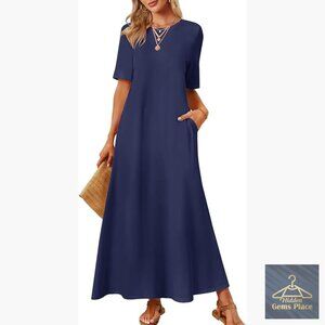 Maxi Dress with Pockets Short Sleeve Casual T-Shirt Style Flowy Swing Hem